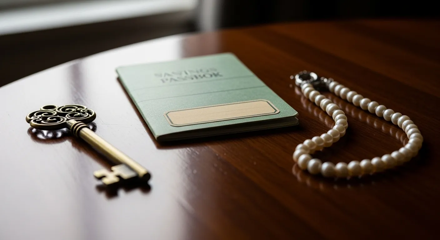 A close-up of a key, a generic bank book, and a string of pearls organized on a wooden surface.