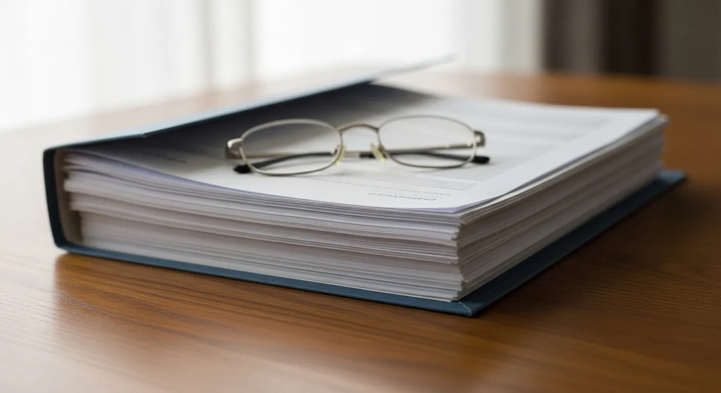 A folder containing papers and a pair of reading glasses on top, sitting on a wooden table in soft, natural light.