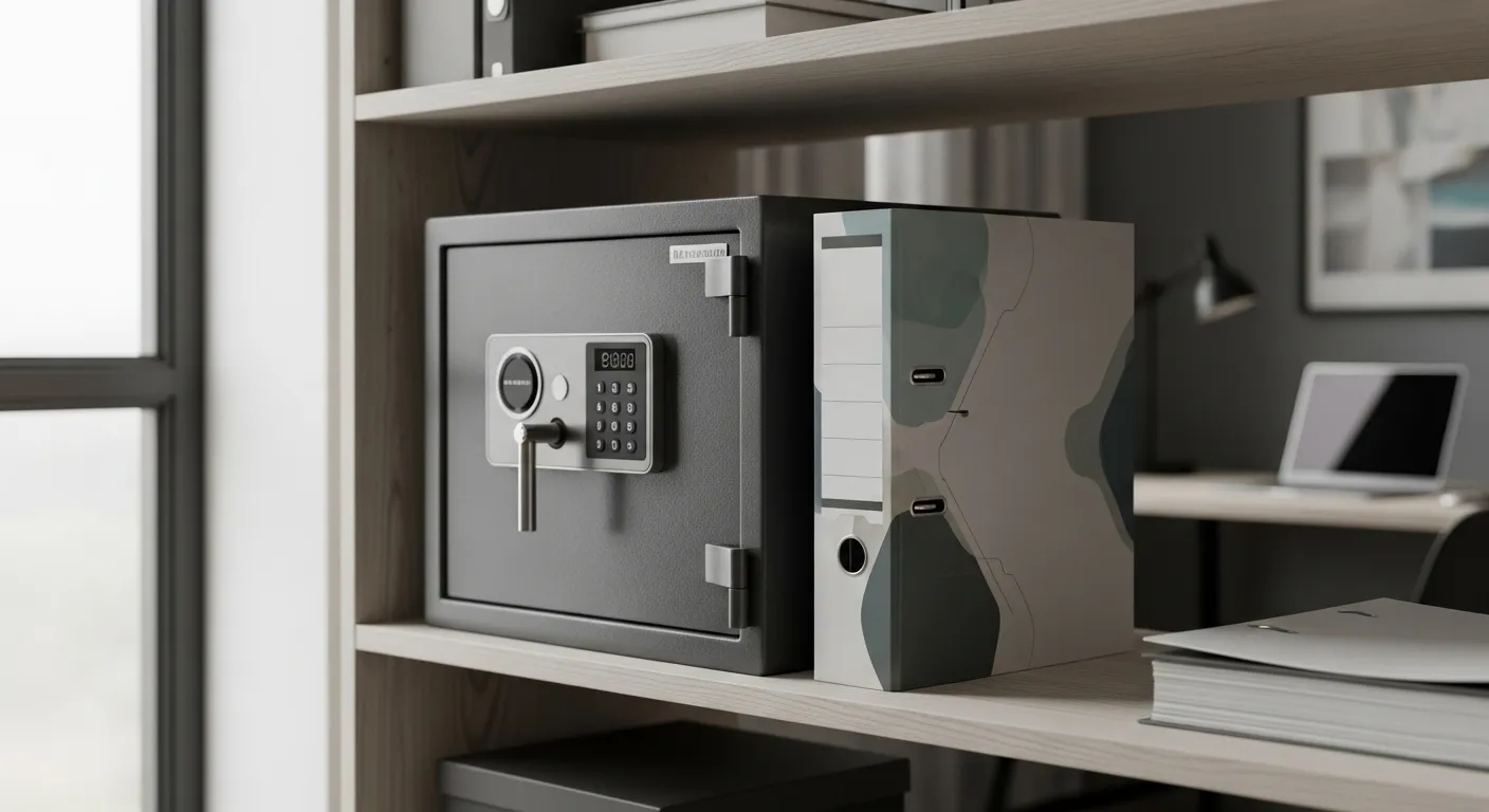 A secure home safe sits on a shelf next to an organized binder in a tidy home office, symbolizing protected assets.