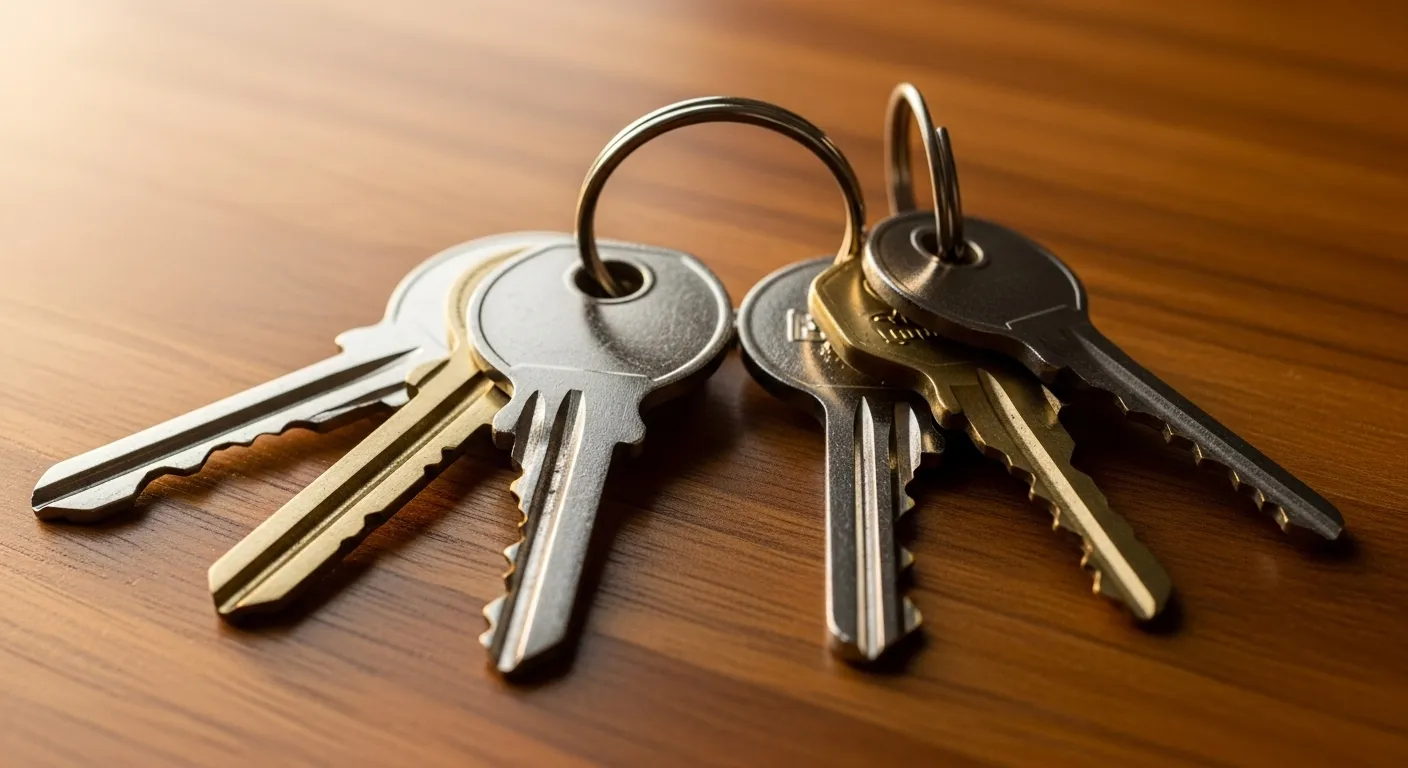 A close-up of two different sets of house keys on one keychain, resting on a wooden table.