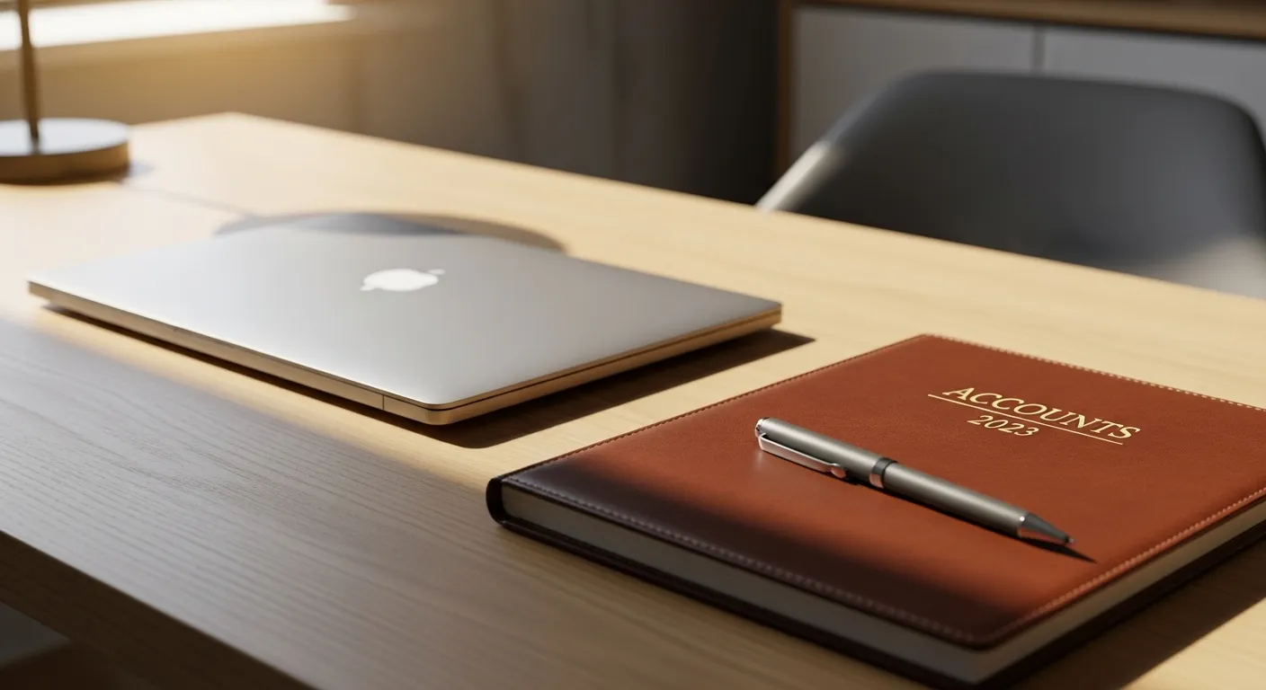 An organized desk with a closed laptop and a business ledger, suggesting a professional setting for financial planning.