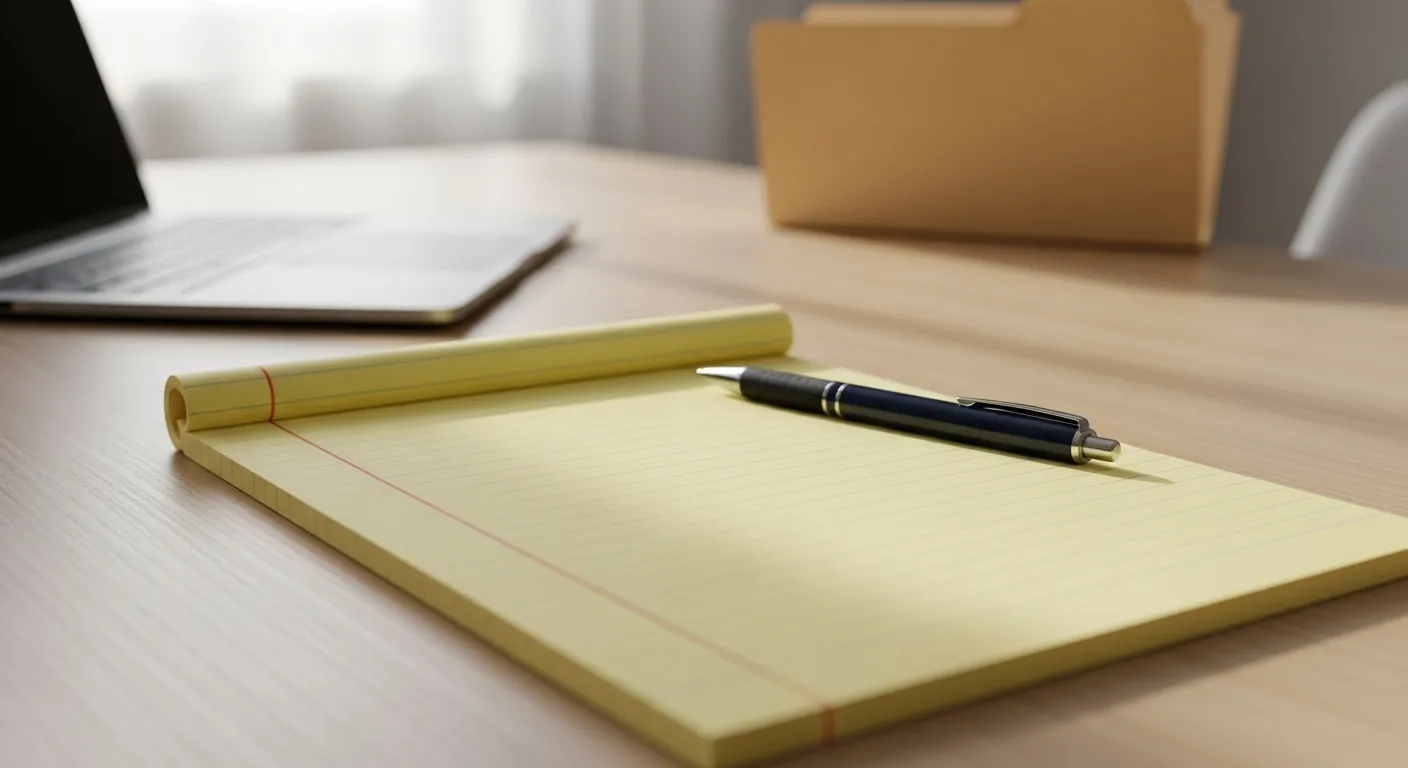 A pen rests on a blank yellow legal pad on a clean desk, ready for planning a new business venture.