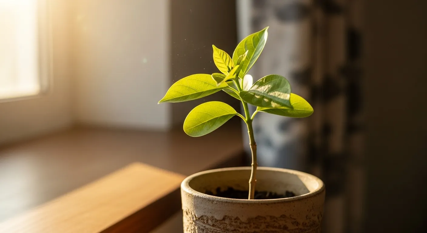 A small, healthy sapling in a pot sits on a wooden windowsill, bathed in warm morning sunlight from the side.