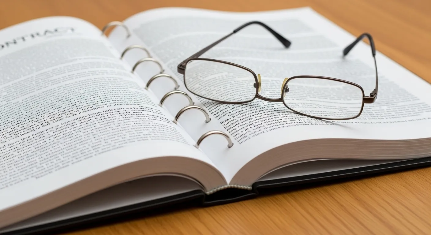 A close-up of a complicated, multi-page document with reading glasses placed on it, sitting on a wooden surface.
