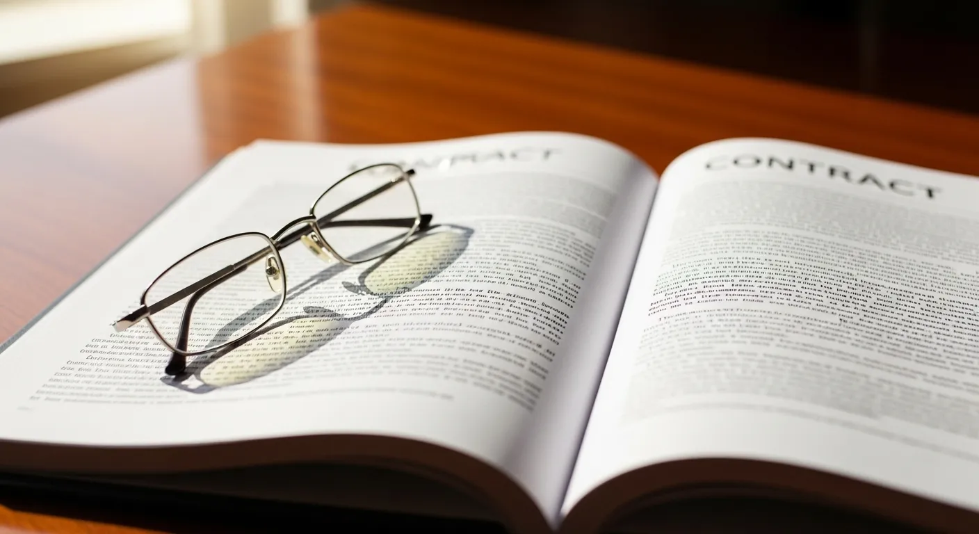 A pair of reading glasses rests on an open, formal document with blurred text, sitting on a wooden desk in a well-lit room.