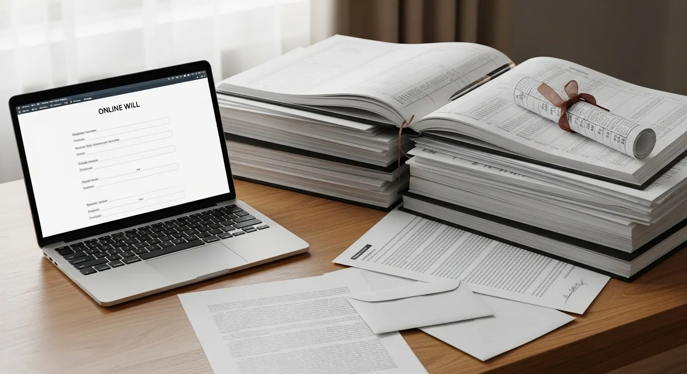 A laptop with a blurred online will form sits next to a stack of complex business and property documents on a desk.
