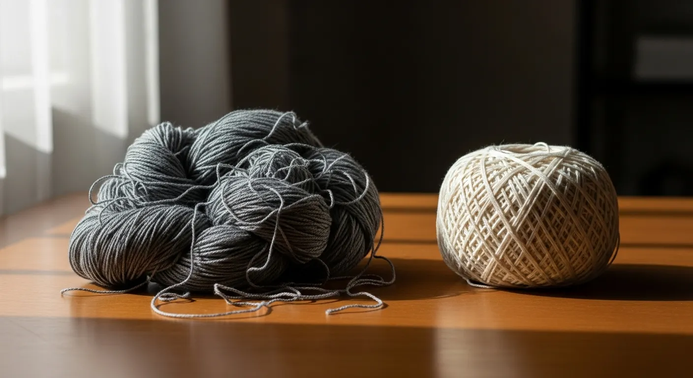 A messy tangle of dark yarn sits on a wooden table next to a perfectly wound ball of light-colored yarn.