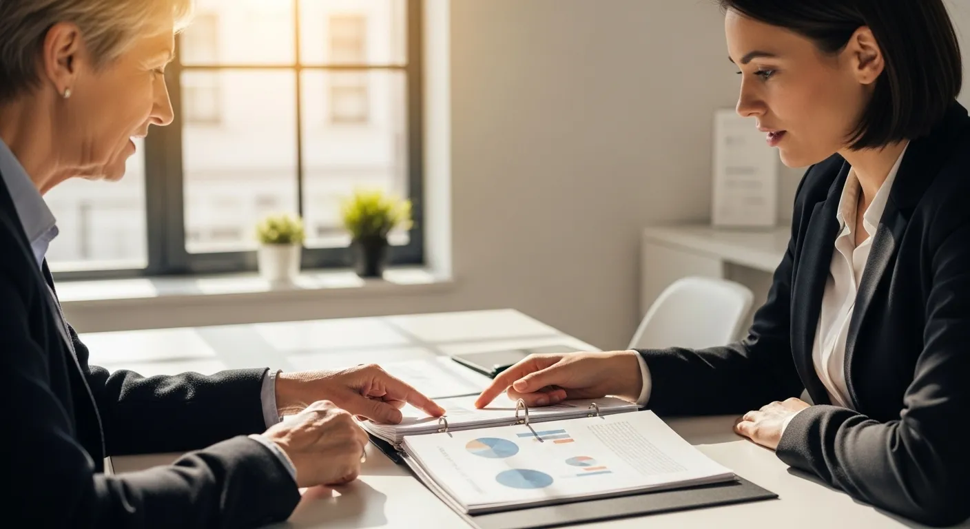 An older client and a professional sit together at a desk, looking over documents in a binder in a brightly lit office.