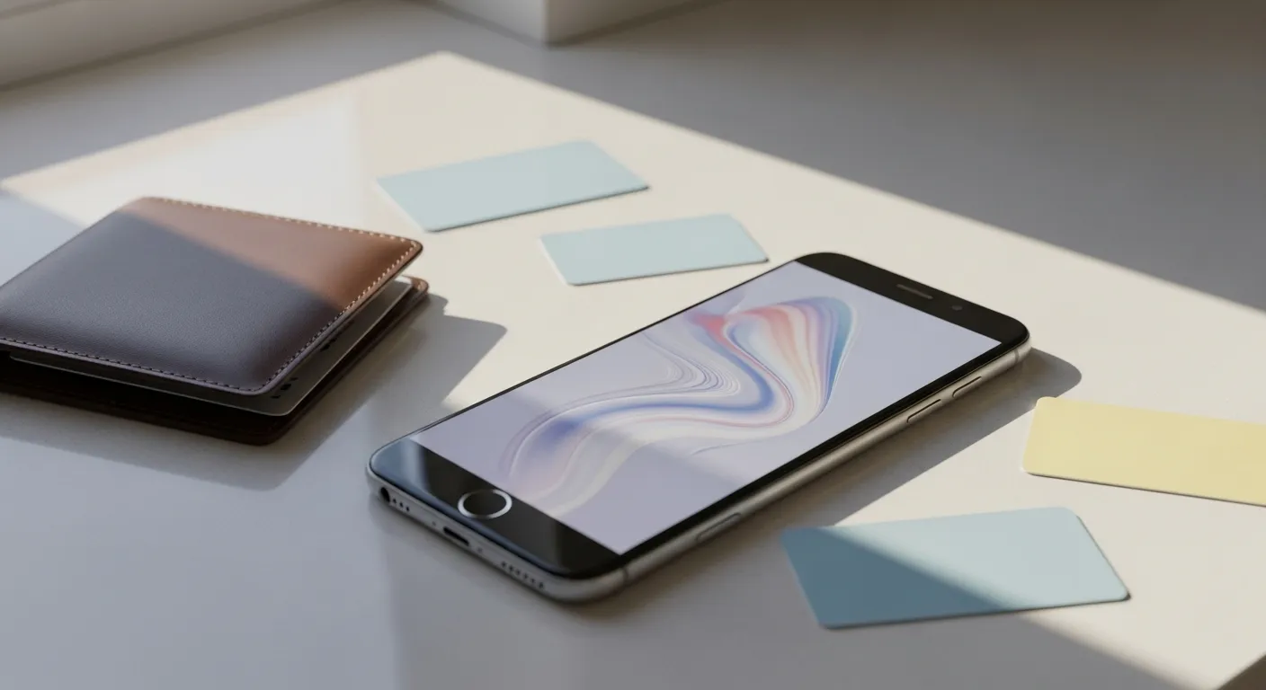 A smartphone on a kitchen counter next to a wallet and gift cards, suggesting a potential phone scam.