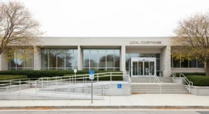 The modern exterior of an accessible public building with a ramp leading to the entrance on an overcast day.