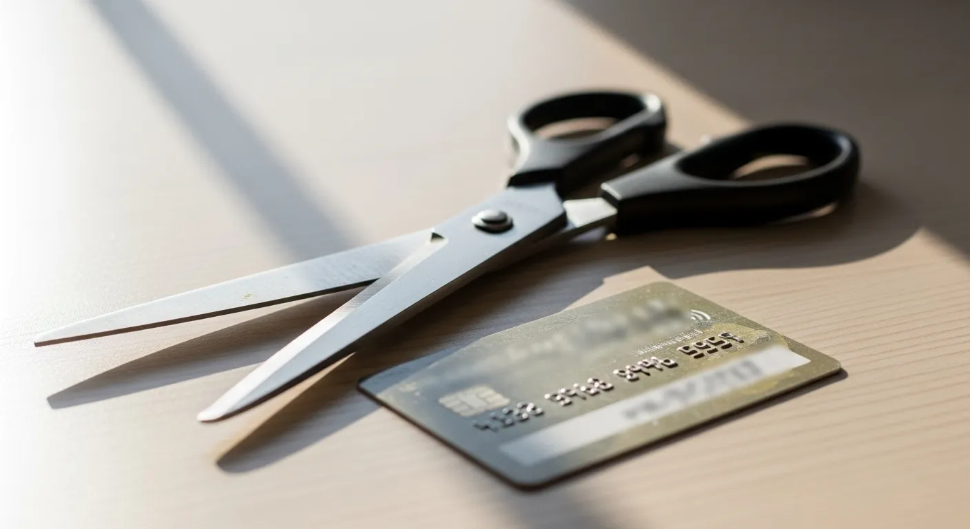 A pair of open scissors lies next to a generic, older-looking credit card on a wooden surface.
