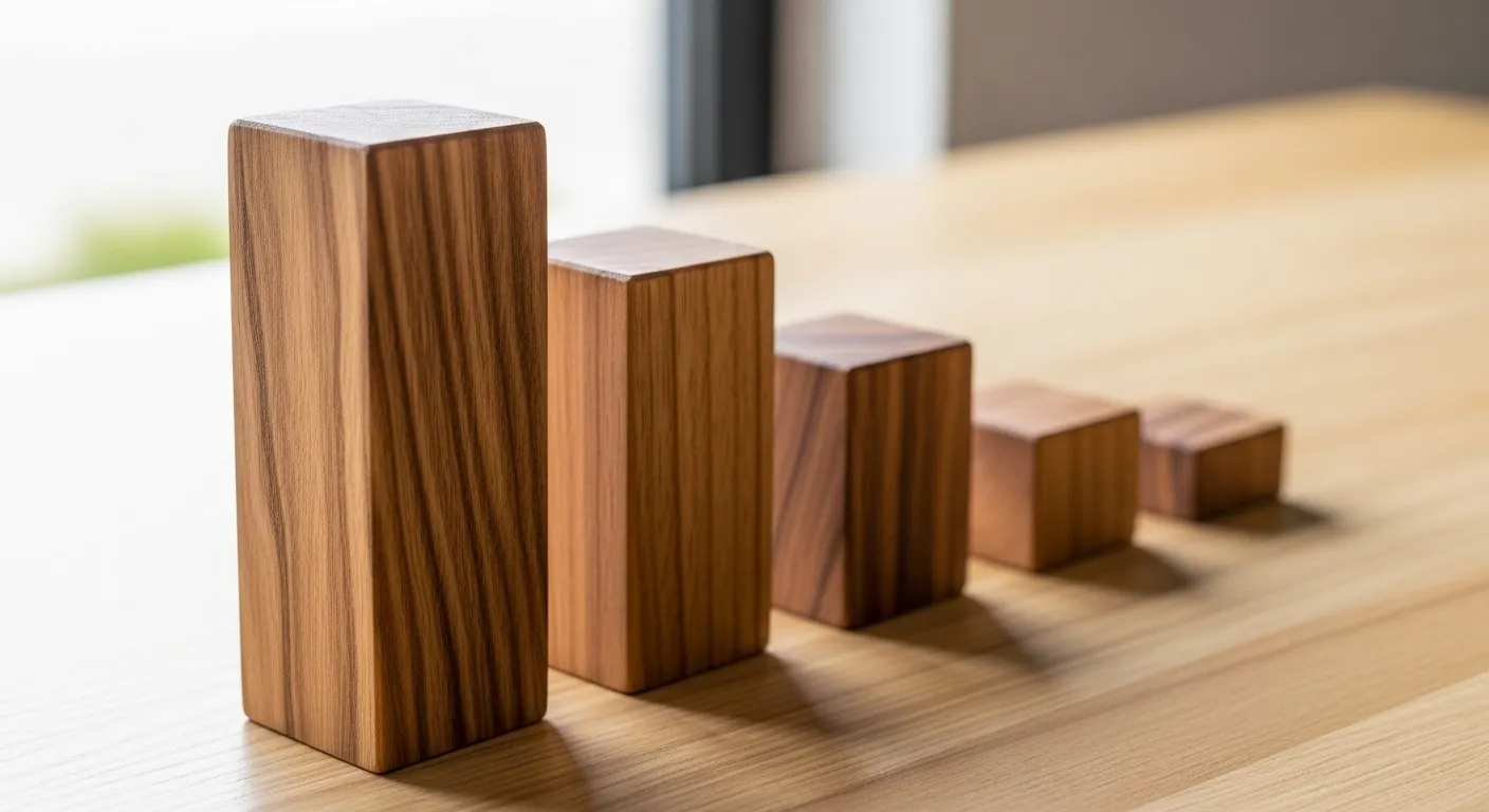 Five wooden blocks of different heights, representing a bar chart, sit on a light-colored wooden surface in bright daylight.