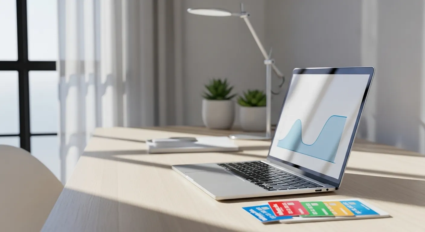 A laptop on a desk displays an abstract graph with a dip, next to a stack of generic store credit cards.