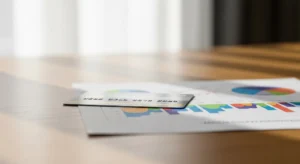 A generic credit card lies next to a financial report with colorful, abstract charts on a clean desk.