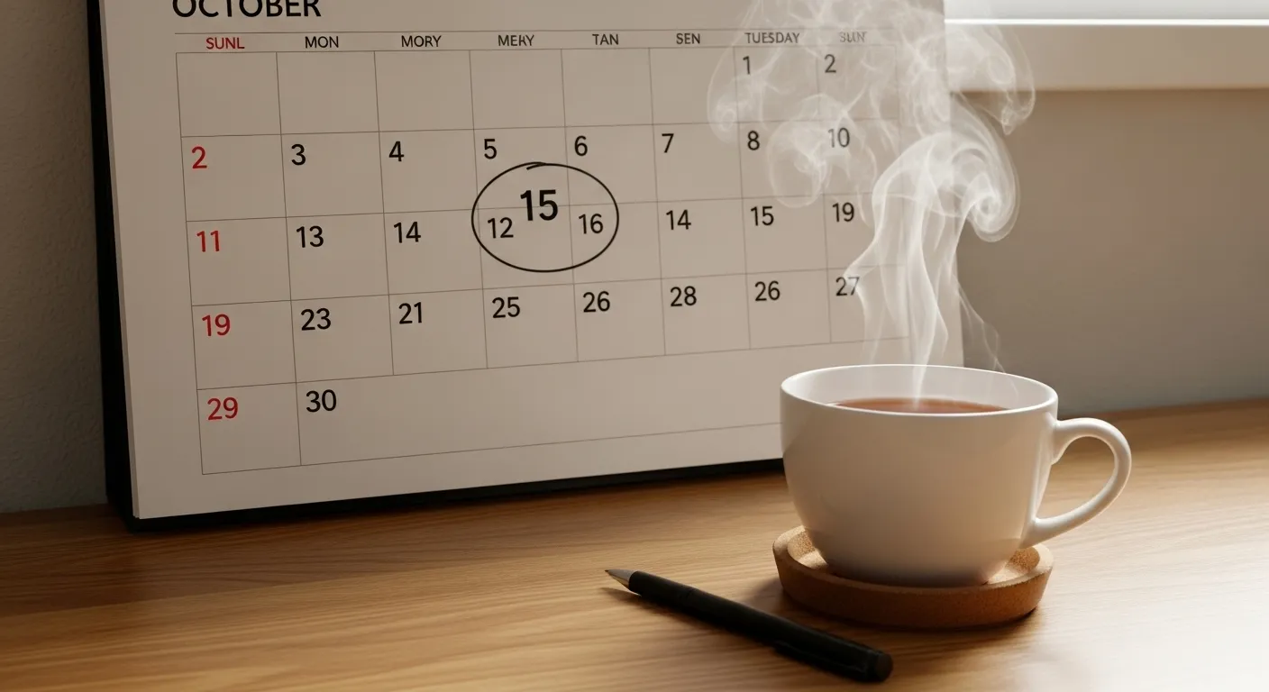 A wall calendar with a circle around a future date, and a cup of tea on the desk below, symbolizing a cooling-off period before a decision.