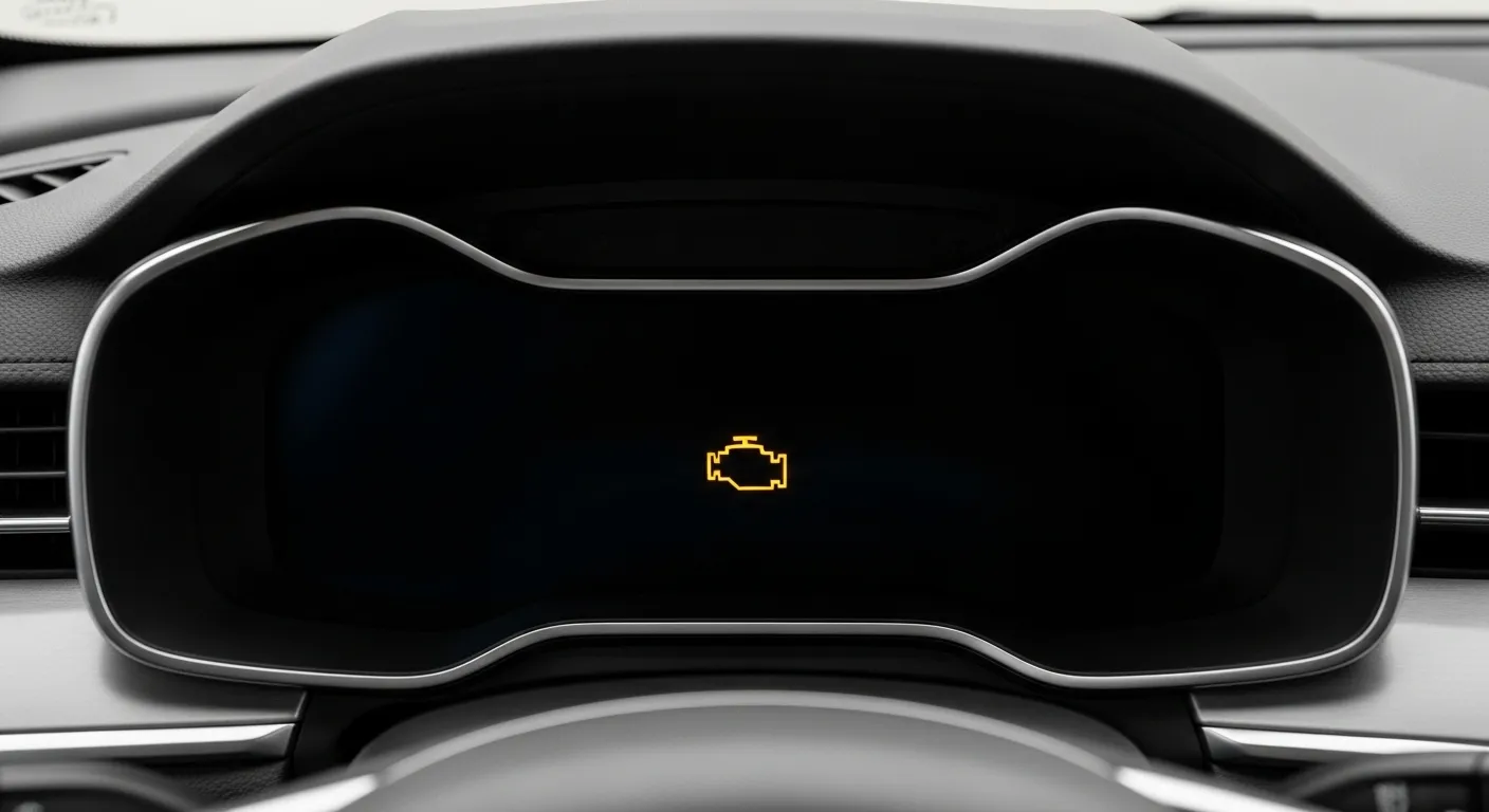 A close-up of a modern car's dashboard with the check engine warning light illuminated, indicating a vehicle problem.