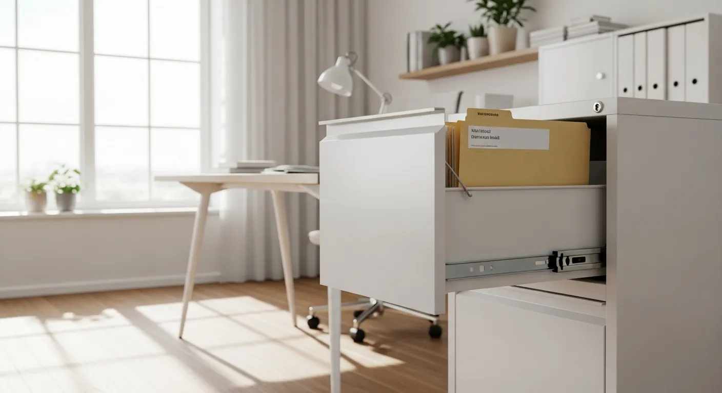 A sleek, light-colored filing cabinet in a tidy home office, with one drawer open showing organized files, bathed in natural daylight.