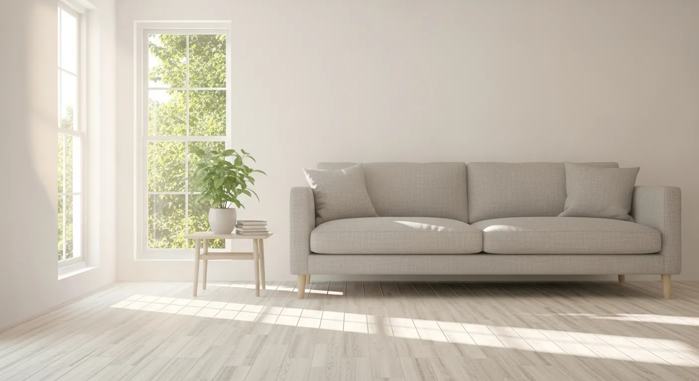 A clean and modern apartment living room with simple furniture, a plant, and a large window with a view of trees.