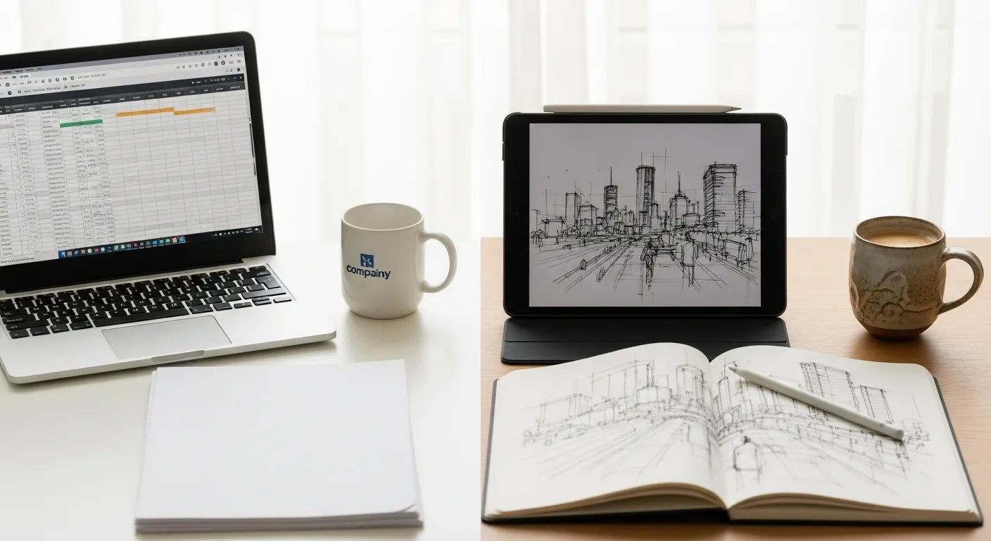 A desk divided into two workspaces, one appearing corporate and the other creative, symbolizing different employment types.