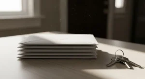 A neat stack of unopened mail sits on a wooden entryway table next to a set of house keys in a quiet home.