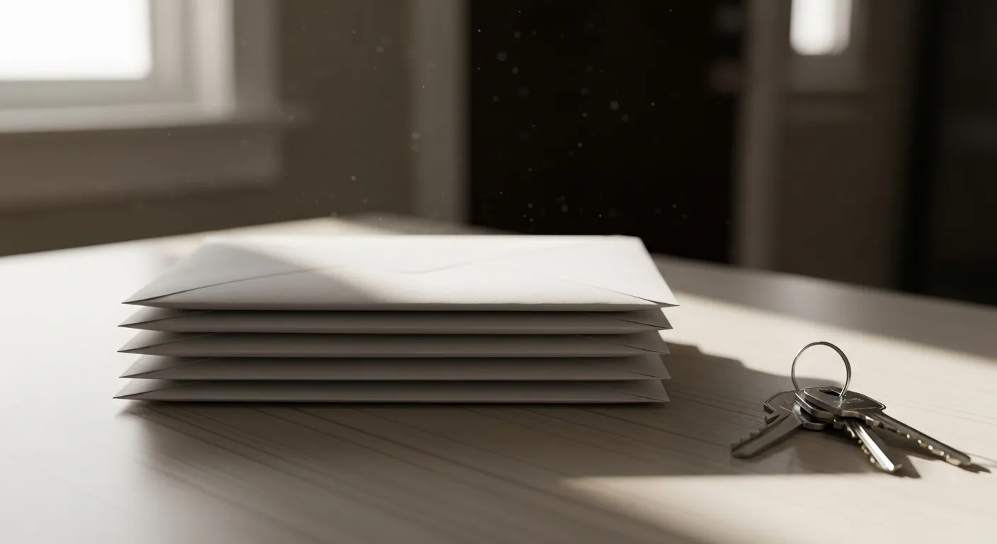 A neat stack of unopened mail sits on a wooden entryway table next to a set of house keys in a quiet home.