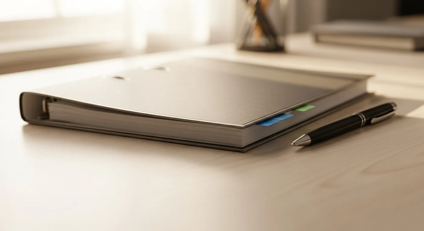 A closed document binder and a pen sit on a clean wooden desk in a brightly lit room, suggesting organization and planning.