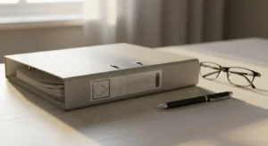 An organized document binder, a pen, and reading glasses rest on a wooden desk in the morning light.