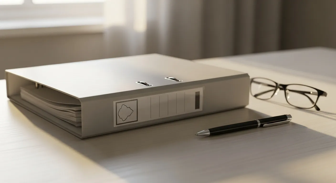 An organized document binder, a pen, and reading glasses rest on a wooden desk in the morning light.