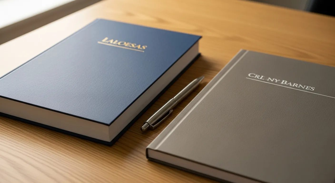 Two neatly bound legal folders, one blue and one gray, are placed side-by-side on a wooden desk with a pen.