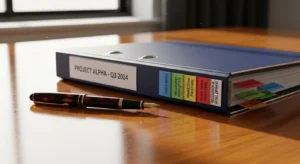 A close-up of a binder with colored tabs and a fountain pen lying on a wooden desk in bright, natural light.