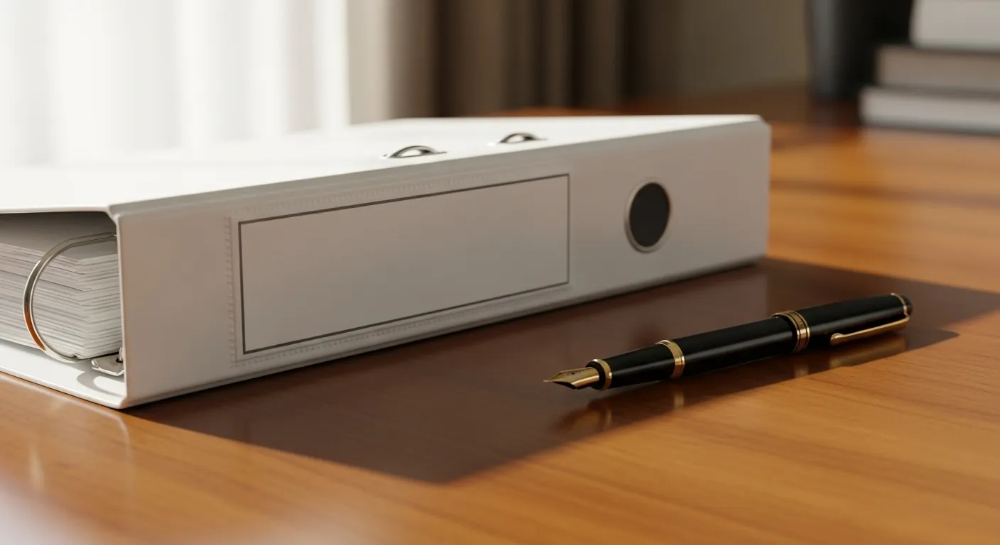 A close-up of a neatly organized estate planning binder and a pen on a sunlit wooden desk.