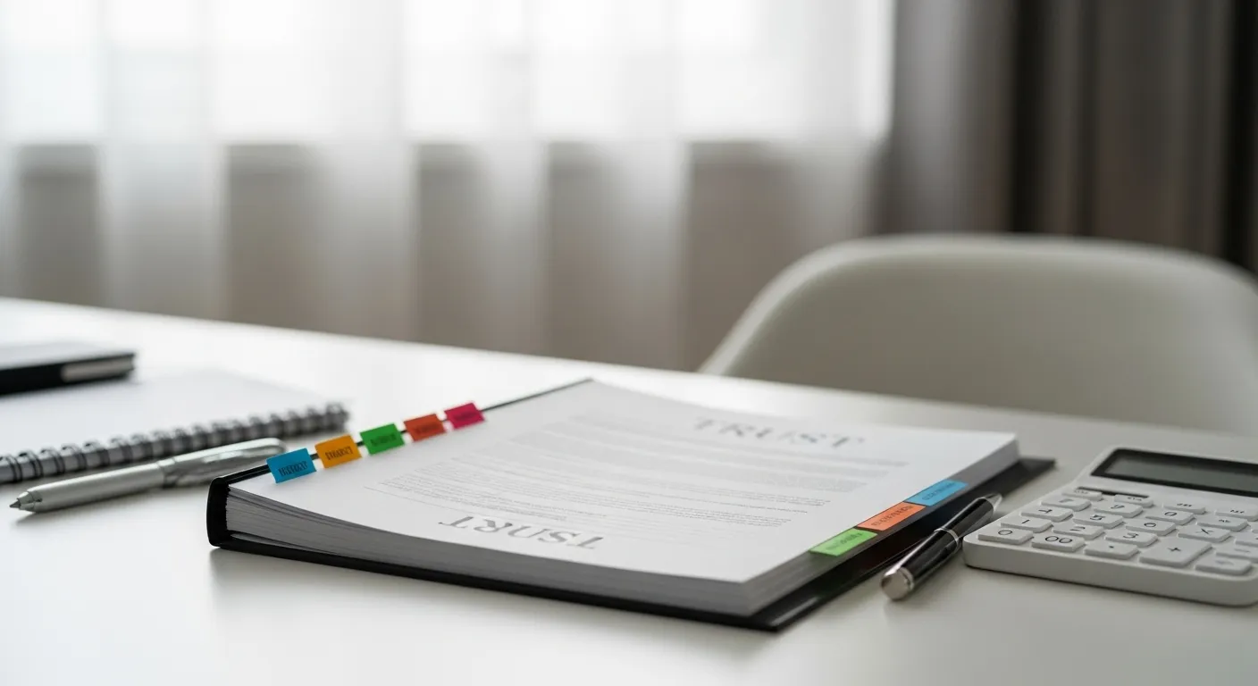 An organized desktop with a trust binder and a calculator, illustrating the financial and tax planning aspects of an estate.