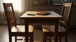 Two empty chairs at a kitchen table with a notebook and pen, suggesting a pending important family discussion about the future.