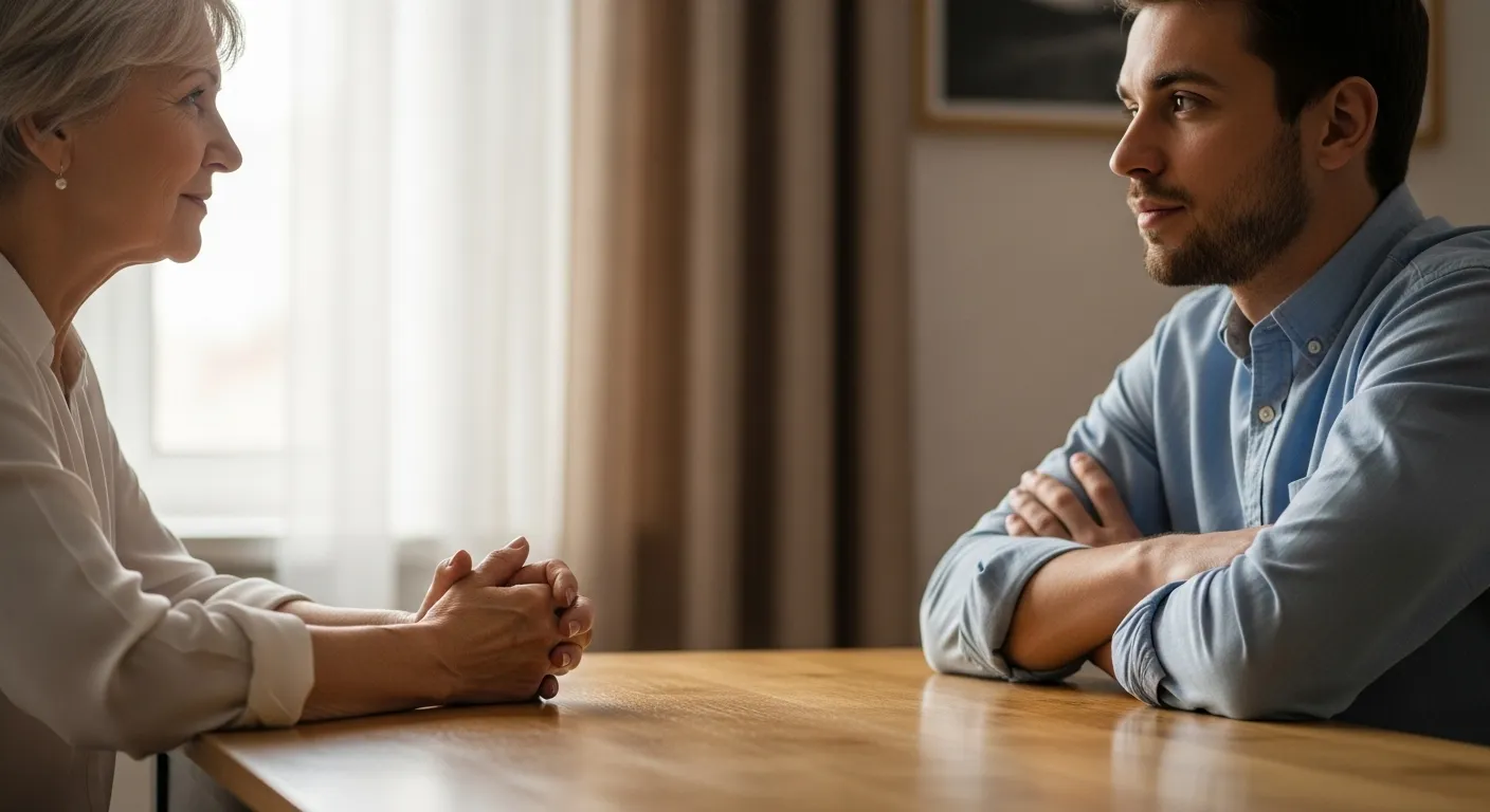 An older woman and a younger man sit across from each other at a table, deeply engaged in conversation in a brightly lit room.