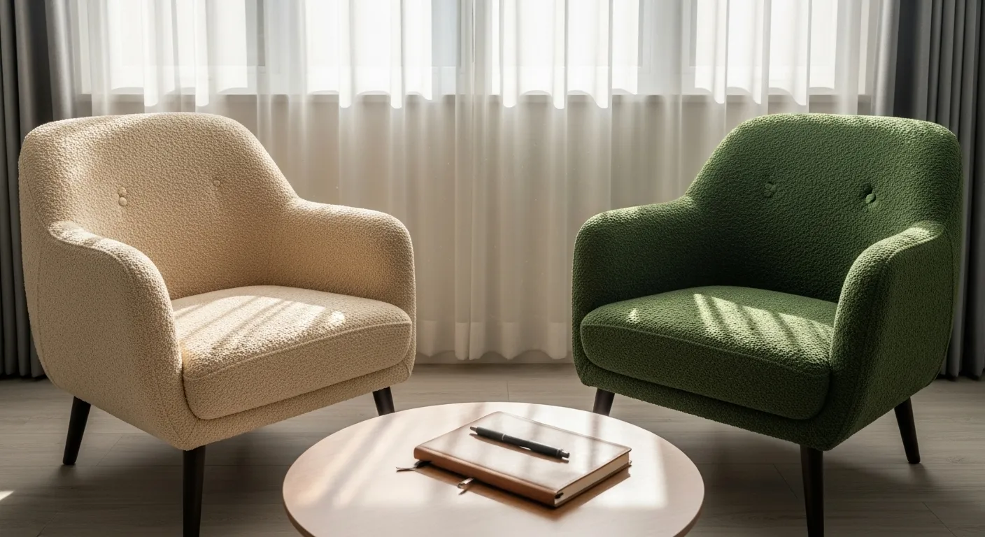 Two empty armchairs face each other in a bright living room, suggesting a thoughtful conversation is about to happen.