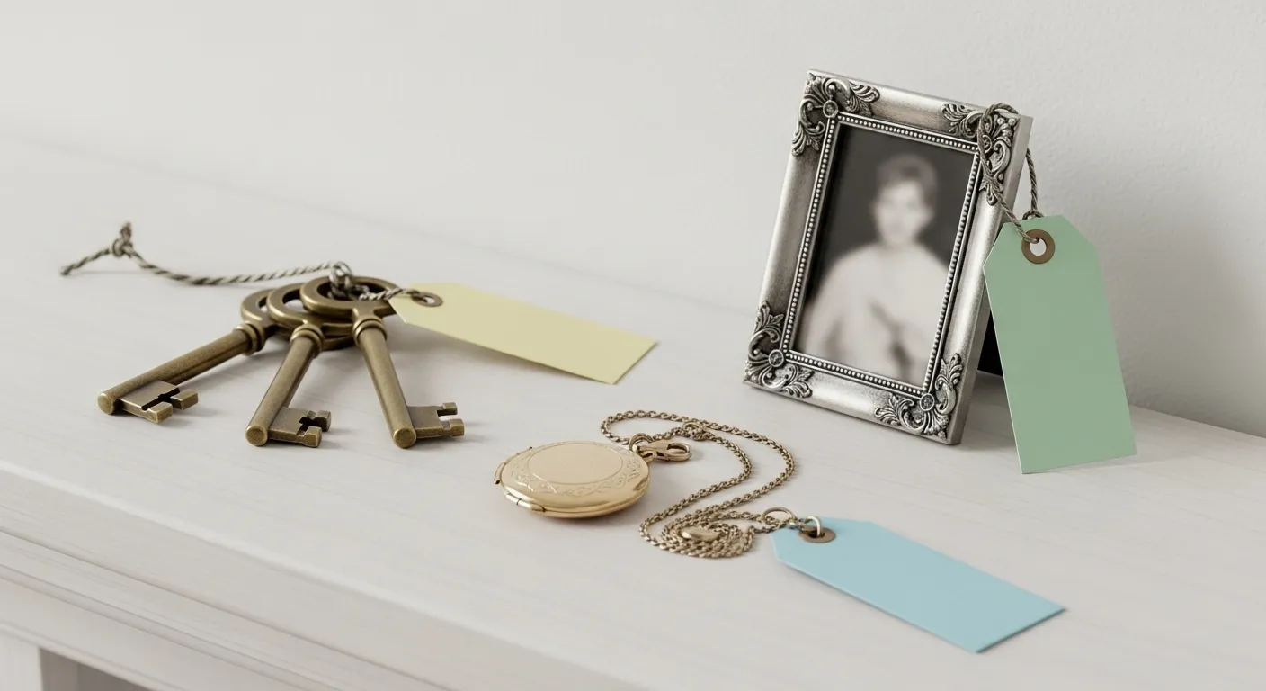 A collection of heirlooms including a photo, keys, and a locket sit on a mantle, each with a blank colored tag attached.
