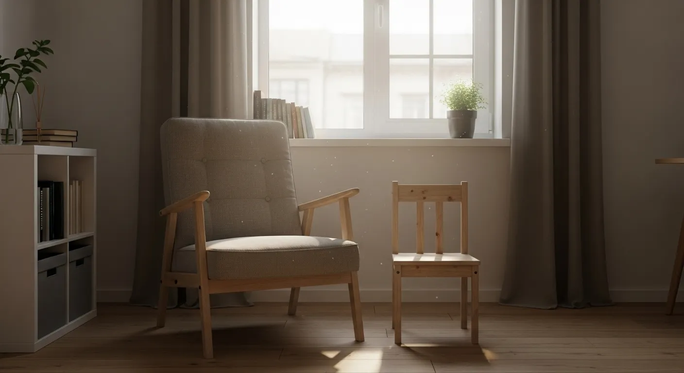 An empty child's chair and an empty adult's chair face each other near a window in a sunlit room, representing a missed connection.