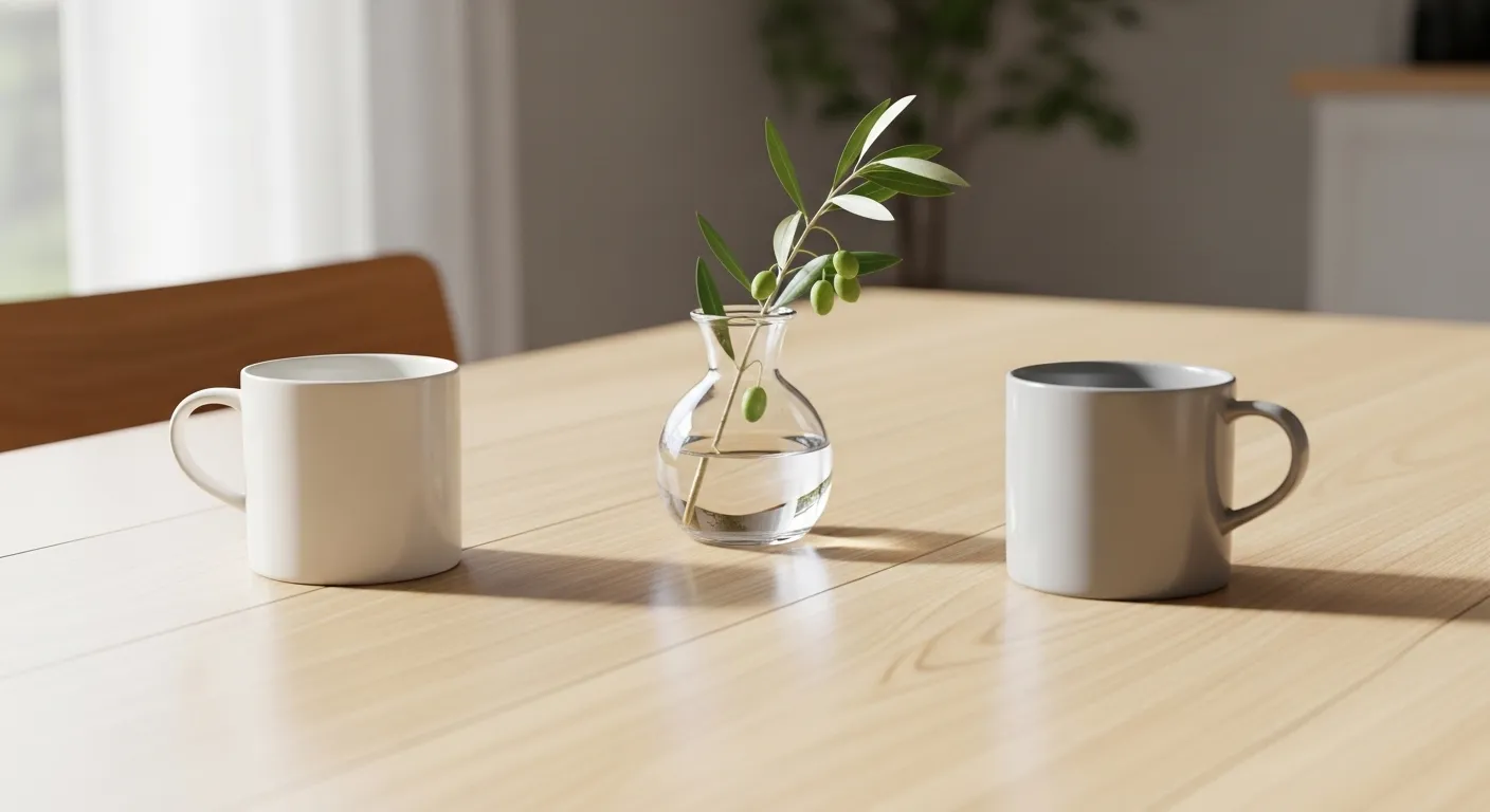 Two mugs on opposite sides of a wooden table with a small vase and an olive branch between them, lit by natural daylight.