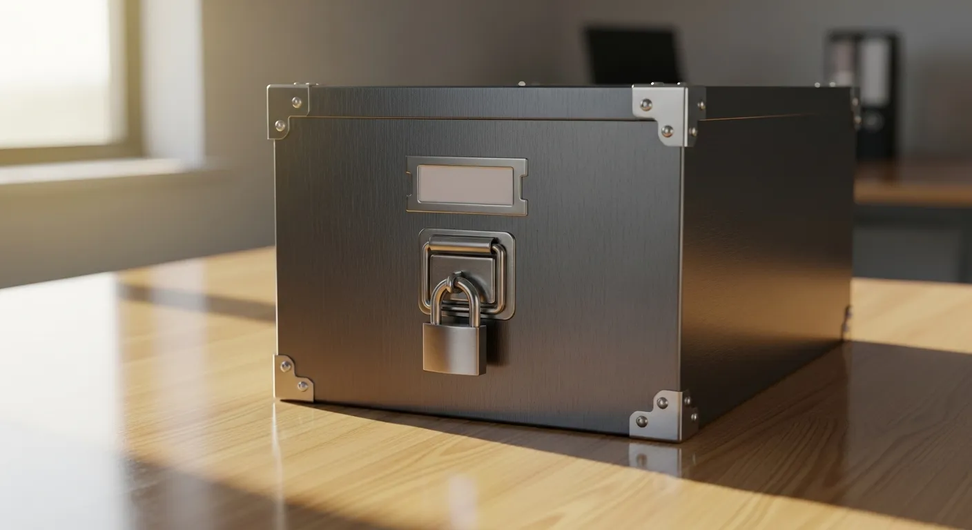 A secure, locked metal file box sits on a wooden desk, illuminated by soft morning light from a window.