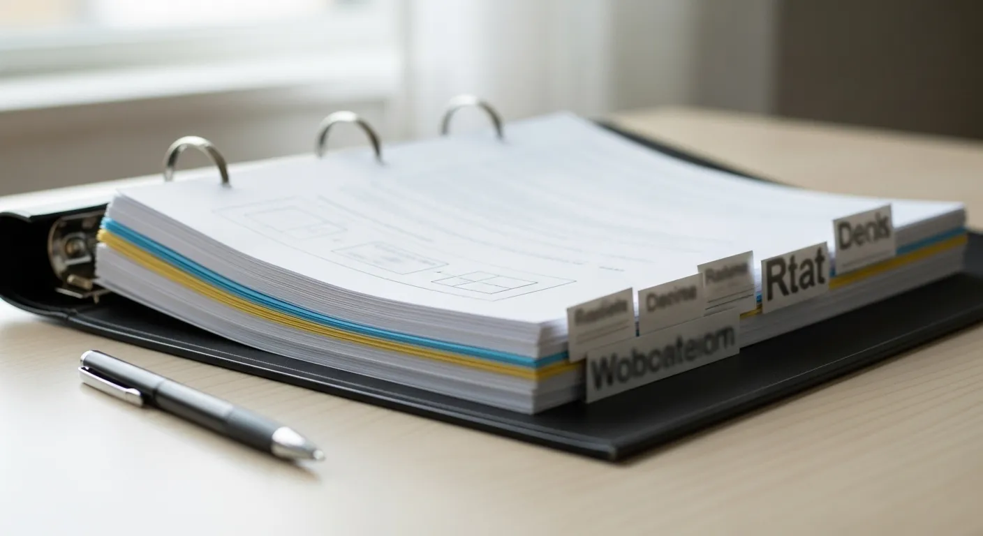 An open binder with organized papers and large-print, blurred tabs sits on a desk in soft natural light.