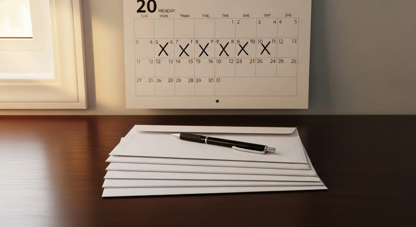 A wall calendar with consecutive days marked off hangs over a tidy desk, symbolizing consistent financial habits.