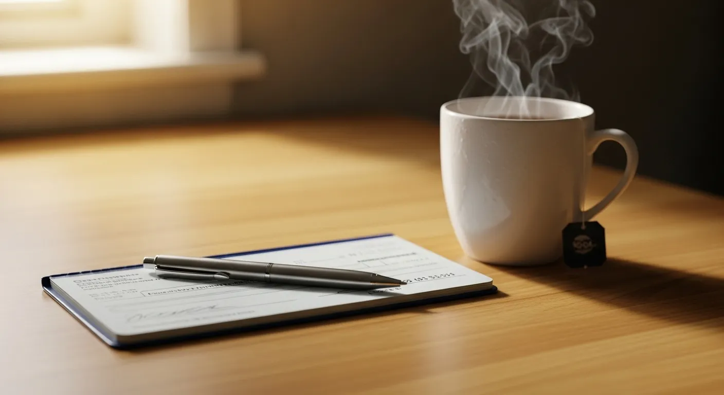 A checkbook and pen are set aside on a clean desk next to a warm cup of tea, bathed in soft morning light from a window.