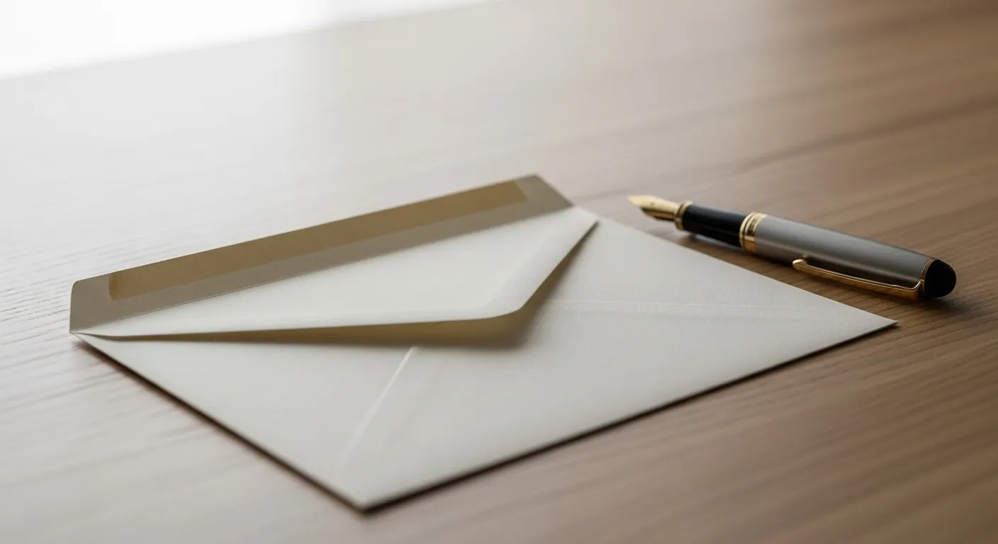 A close-up of a blank envelope and a fountain pen resting on a clean desk, ready for a formal correspondence.
