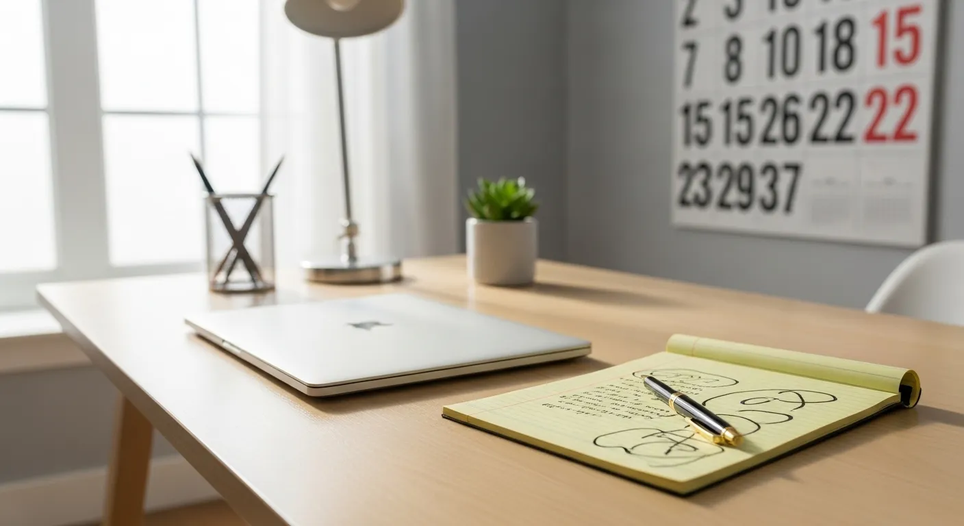 A tidy home office desk with a legal pad, pen, and laptop, set for planning. A large-print calendar hangs on the wall in the background.