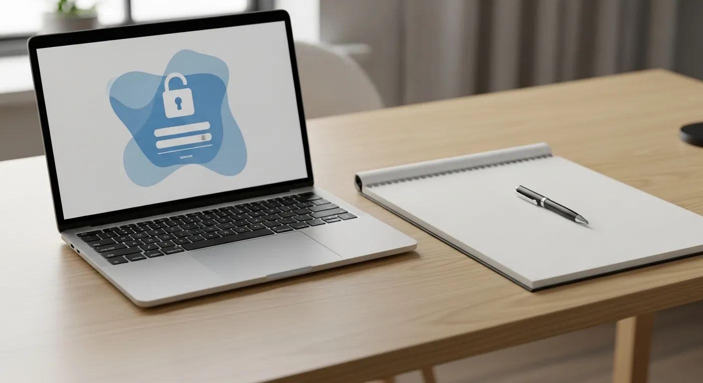 A laptop showing a generic secure login screen sits on a tidy desk next to a large-print notepad and a pen.