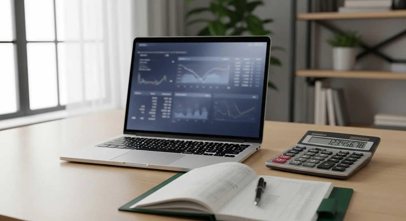 A tidy home office desk with a laptop showing a generic finance screen, a calculator, and a ledger for tracking expenses.