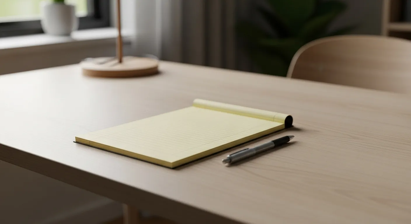 An empty legal pad and a pen sit neatly on a clean desk in a softly lit room.