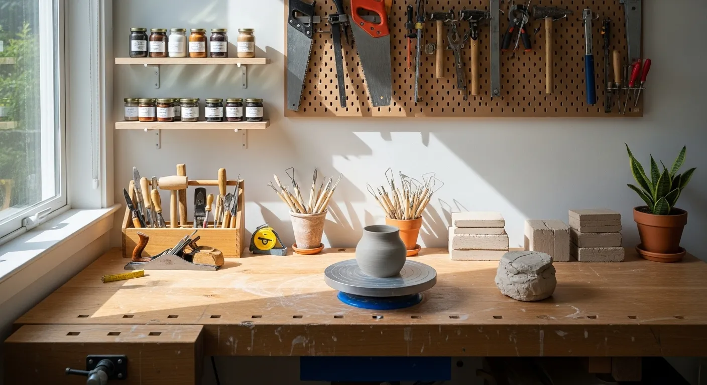 A clean and well-lit home workshop with crafting tools neatly organized on a wooden bench by a window.