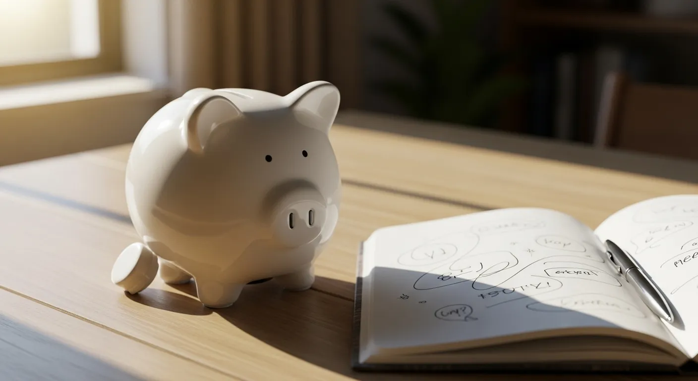 A piggy bank sits on a desk next to an open notebook and pen, symbolizing the importance of tracking every bit of income earned.