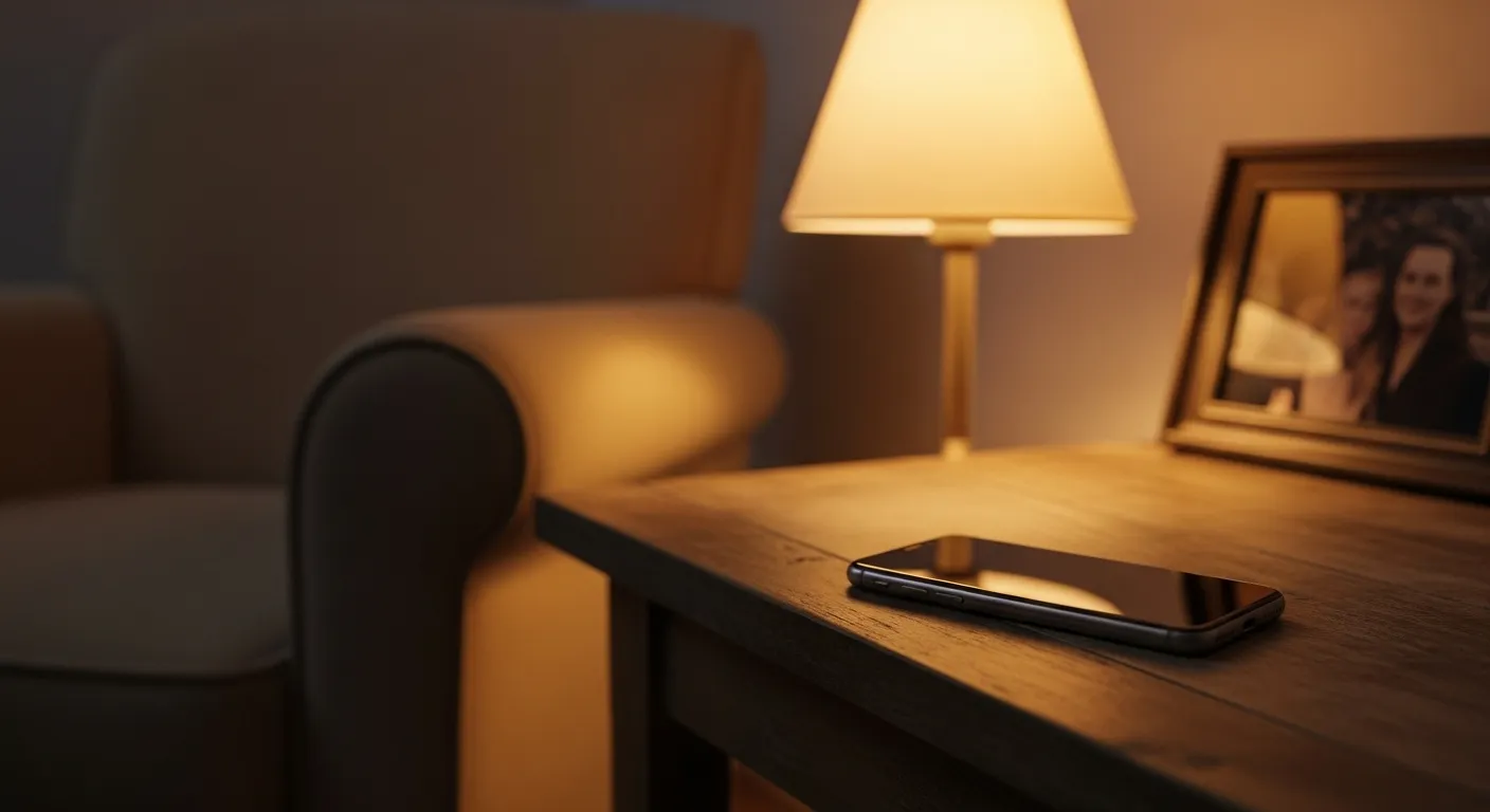 A smartphone on a side table in a softly lit living room at night, with a blurred family photo in the background.